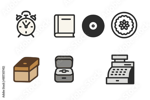 Vintage Goods Icons. Linear minimalistic vintage goods icon: old clock, antique book, vinyl record, jewelry box, decorative plate,