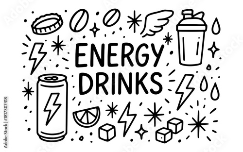 Hand drawn energy drink elements with doodles and icons