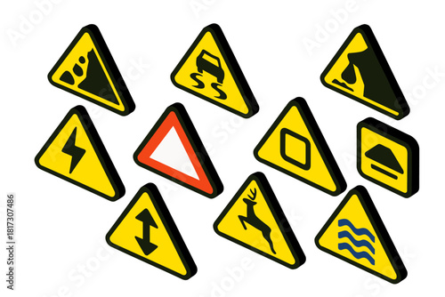 Bold Street Sign Icons. Isometric vector illustration set Street signs – falling rocks sign, slippery when wet sign, unstable