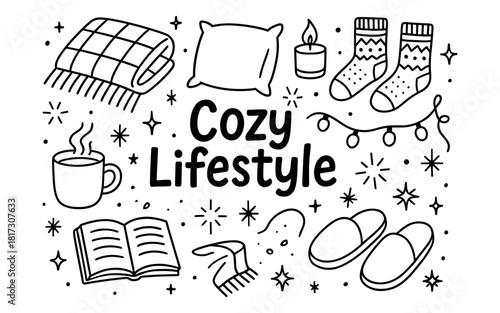 Cozy lifestyle elements in doodle art style for relaxation and comfort