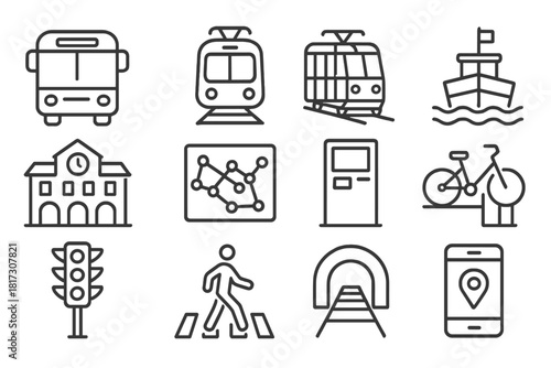 Public Transport Icons. Line style icons of Public Transport Systems: bus, metro train, tram, ferry; station building, route map,
