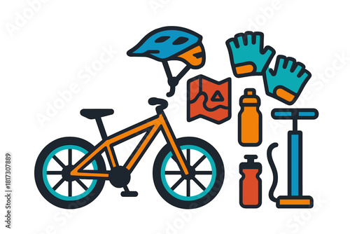 Mountain Biking Icons. Linear minimalistic mountain biking icon: mountain bike, trail map, helmet, gloves, water bottle, bike pump