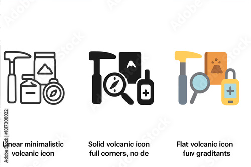 Volcanic Research Icons. Linear minimalistic volcanic research icon: rock hammer, sample bag, compass, field notebook, magnifying