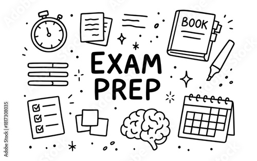 Hand drawn exam preparation elements with doodle style and stationery icons