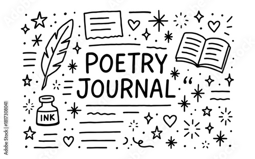 Creative poetry journal outline with ink bottle, feather quill, books, and doodles