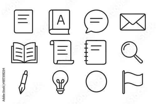 Semantic Icons Collection. Line style icons of Semantics: Word, Dictionary, Speech Bubble, Letter; Book, Scroll, Notebook,
