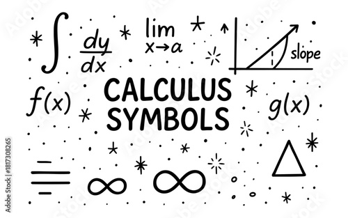 Hand drawn calculus symbols and graphs with derivatives and functions