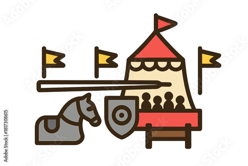 Minimal Jousting Icons. Linear minimalistic historic jousting icon: lance, horse armor, target shield, audience bench, flag