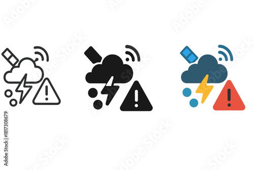 Severe Weather Icons. Linear minimalistic severe weather icon: hailstone, gust of wind, dark cloud, lightning strike, warning