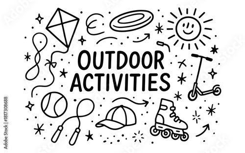 Doodle style outdoor activities with sports and leisure icons