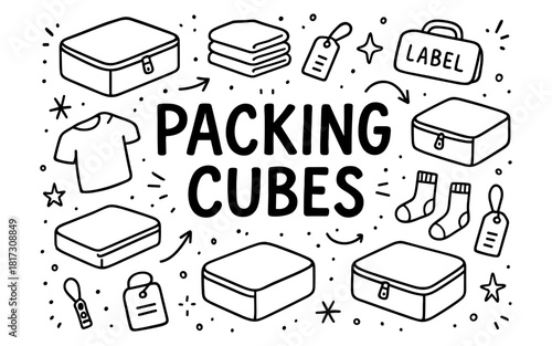 Doodle style packing cubes and travel essentials for organization