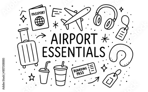 Travel essentials: line art collection of airport must-have items for frequent flyers