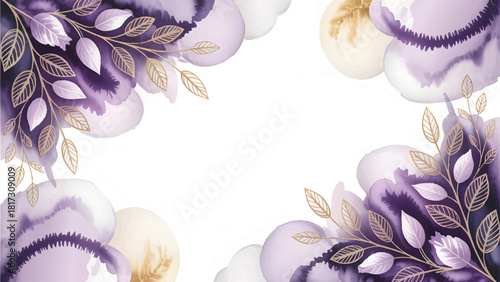Luxury Gold and Purple Watercolor Floral Background , Elegant Abstract Lilac Wedding Invitation Border , Soft Flowing Spring Watercolor Botanical Frame , Chic Lavender and Gold Leaf Design Element