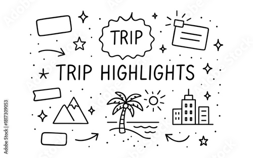 Travel highlights doodle art with mountains, palm tree, and cityscape