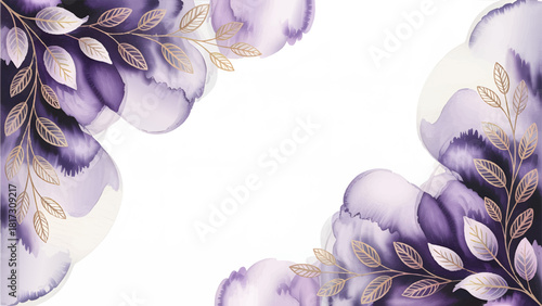 Vibrant Purple Watercolor Floral and Gold Leaf Border , Luxury Wedding Invitation Abstract Botanical Frame , Elegant Deep Violet Flower and Gold Leaf Background