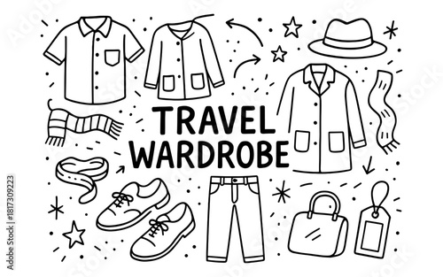 Travel wardrobe essentials: stylish clothing and accessories doodle