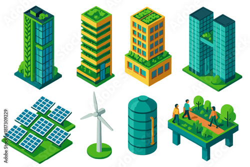 Eco Green Skyscrapers. Isometric vector illustration set Skyscraper silhouettes – eco green towers, vertical gardens, rooftop