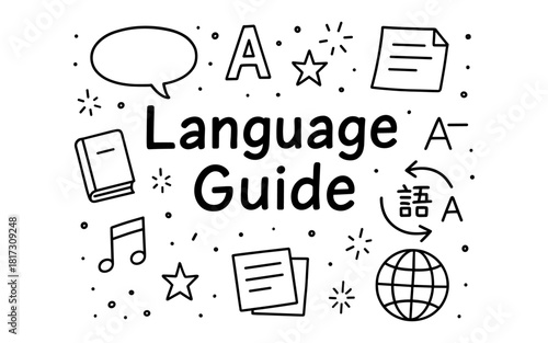 Language learning doodle design with icons and text elements