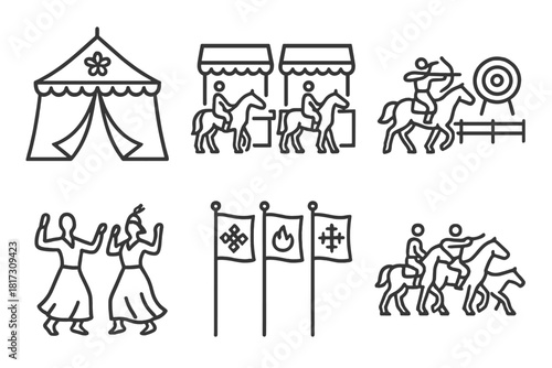 Mounted Archery Festival Icons. Line style icons of mounted archery festivals: decorated tents icon, food stalls with riders,