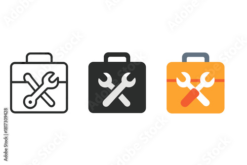 Minimalist Tool Kit Icons. Minimalist tool kit icon: three identical small tool kits for manufacturing in a row, first in line