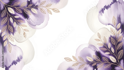 Elegant Deep Violet Flower and Gold Leaf Background , Luxury Abstract Purple Watercolor Wedding Frame , Chic Botanical Corner Design with Gold Foliage