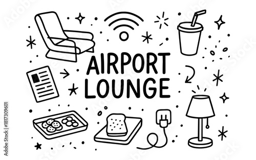 Cozy airport lounge: hand drawn essentials for travelers with snacks and comforts