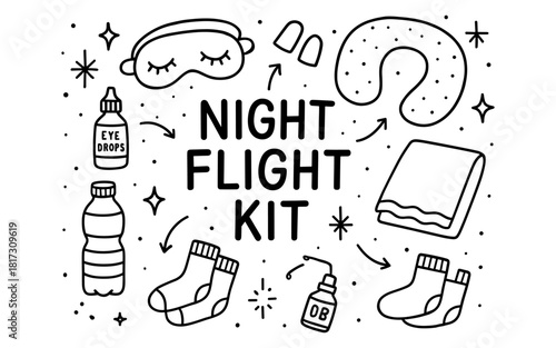 Essential travel items for a comfortable night flight with doodle icons
