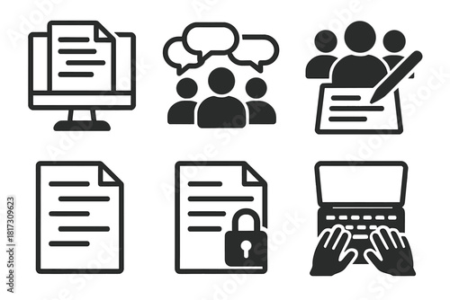 Crowdsourced Script Icons. Line style icons of Crowdsourced Scriptwriting: screenwriting software icon, group chat icon, community