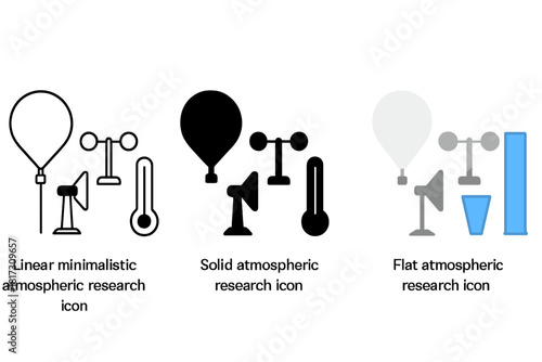 Atmospheric Research Icons. Linear minimalistic atmospheric research icon: weather balloon, anemometer, radar dish, thermometer,