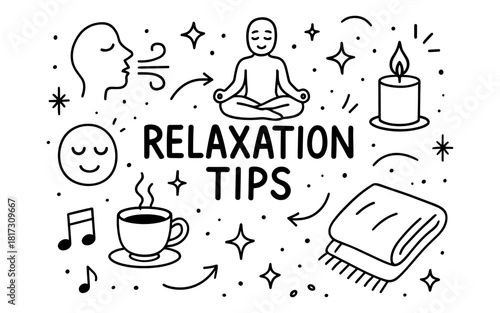Simple relaxation tips in doodle art for mindful meditation and stress relief