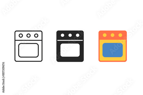 Minimalist Oven Trio. Minimalist oven icon: three identical ovens in a row, first in line style with thin outline, second in solid