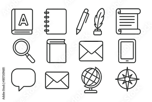 Linguistic Tools Icons. Line style icons of Linguistic Tools: Dictionary, Notebook, Pen, Scroll; Magnifying Glass, Book, Quill,