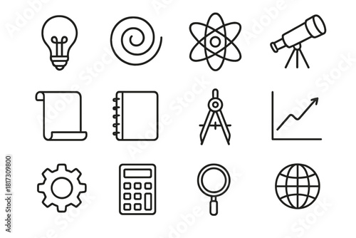Scientific Icons Collection. Line style icons of Theory & Hypothesis: Light Bulb, Spiral, Atom, Telescope; Scroll, Notebook,