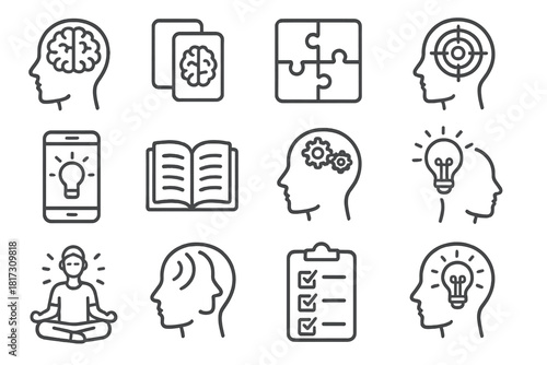 Cognitive Enhancement Icons. Line style icons of Cognitive Enhancement: brain training, memory games, puzzle solving, focus