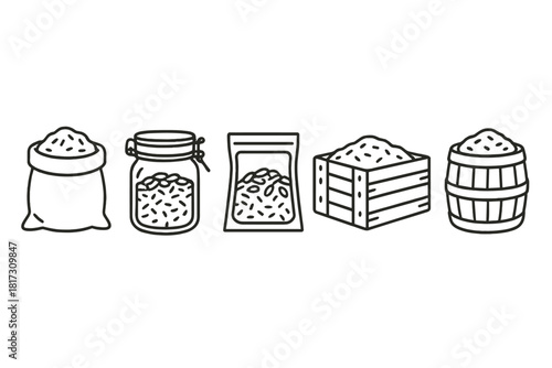 Grain Storage Icons. Line style icons of grain storage and packaging: burlap sack icon, airtight jar, vacuum sealed pouch, rustic