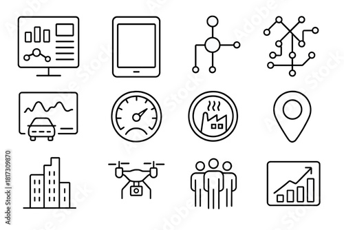 City Analytics Icons. Line style icons of City Analytics: data dashboard, tablet, sensor node, network icon; traffic chart, energy