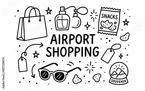 Airport shopping doodle: travel essentials and souvenirs in black and white