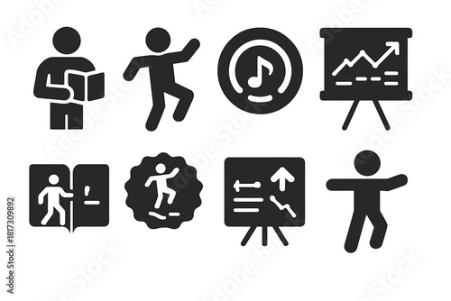 Dance Lecture Icons. Solid style icons of dance-lecture fusion: speaker with book glyph, moving figure icon, groove badge. Audio