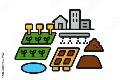 City Farm Iconography. Linear minimalistic city farm layout icon: garden beds, water reservoir, seed trays, plant markers,