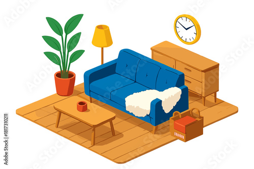 Scandinavian Living Room. Isometric vector illustration set Interior layout – Scandinavian living room couch, sheepskin throw,