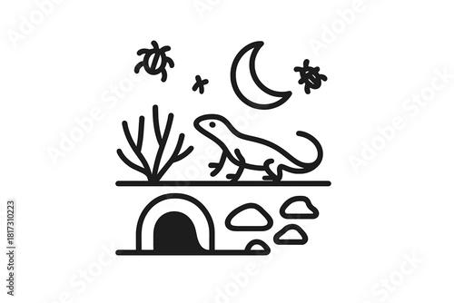 Desert Habitat Icons. Linear minimalistic arid habitat icon: gecko, rodent burrow, moon, desert shrub, rocks, night insects,