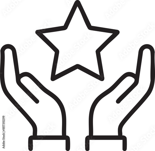 A simple line drawing depicts two open hands gently cradling a five pointed star symbolizing care and protection