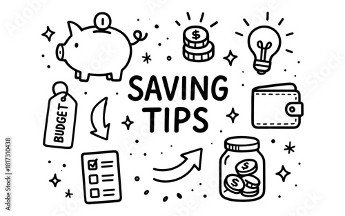 Hand drawn money saving tips icons featuring piggy bank and budget elements