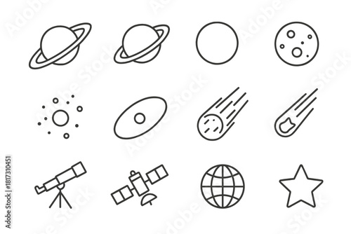 Planetary Rings Icons. Line style icons of Planetary Rings: Saturn, Ring, Planet, Moon; Dust Particle, Orbit Line, Comet, Meteor;