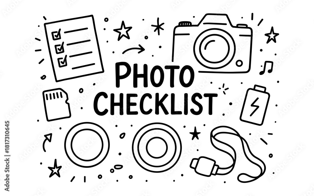 Obraz premium Photography checklist doodle with camera, memory card, and battery elements