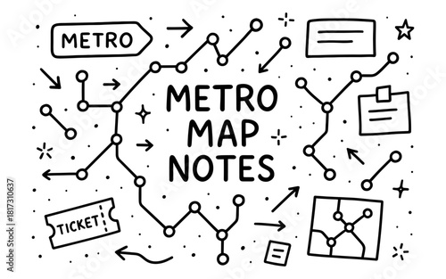 Hand-drawn metro map design with doodle style elements and icons