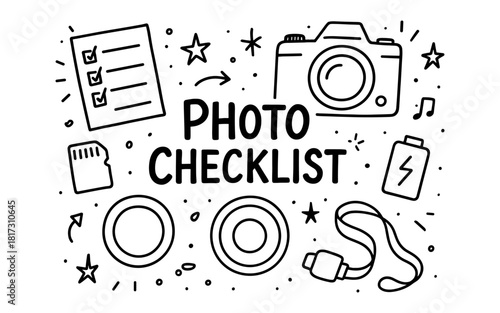 Photography checklist doodle with camera, memory card, and battery elements