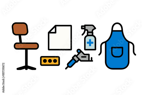 Tattoo Expo Icons. Linear minimalistic tattoo expo icon: artist chair, ink tray, stencil paper, disinfectant spray, tattoo machine