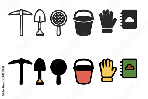 Excavation Tools Icons. Linear minimalistic excavation tools icon: pickaxe, shovel, sieve, bucket, gloves, notebook with smooth