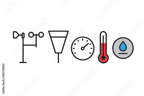 Meteorology Tools Icons. Linear minimalistic meteorology tools icon: weather station, wind sensor, rainfall collector, barometer